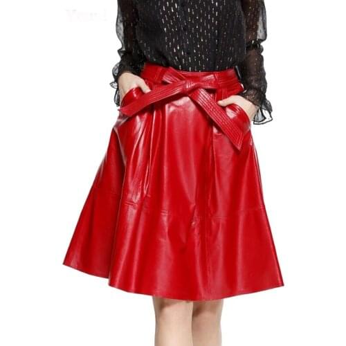 2021 Spring Female Genuie Leather Midi Skirt Lady Street Saia Bow Belt Retro Vase Big Red/Blue Faldas Girls Pleated Jupe Faldas
