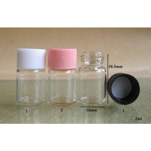 500pcs/lot 2ml Mini Glass Bottle With Plastic Black White Pink Cap Sample Vials Screw Neck Glass Vial for Essential Oil Use
