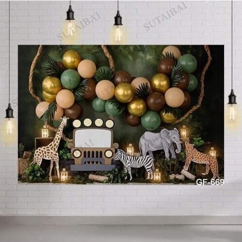 Baby Shower Ballons Backdrop Jungle Zoo Animals Elephant Lion Giraffe Happy Birthday Background Kids Wild One Safari Backdrops