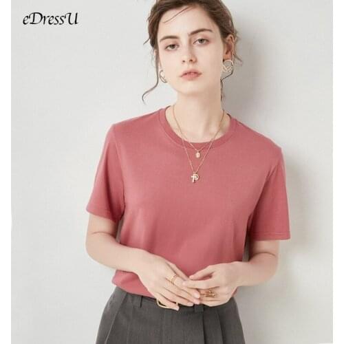 EDressU Women Loose T-Shirt 2021 Plus Size Basic O Neck 100% Cotton Tees Short Sleeves Tops Casual Daily Wear HW-CTX