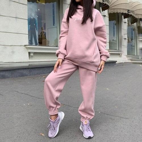 Two Piece Set Casual Fleece Tracksuit Women Winter 2020 Womens Sets Oversized Hooded Long Sleeve Hoodie Sport Pants Lady Suit