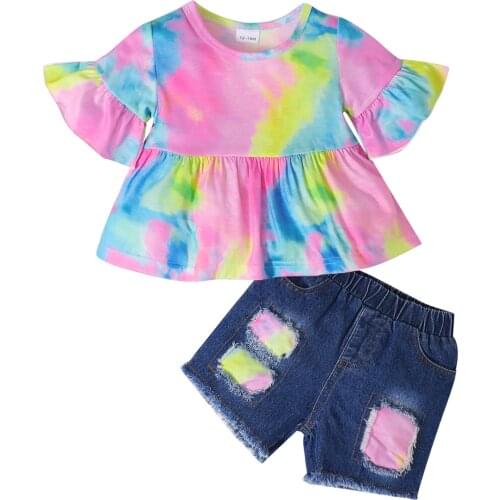 Kid Baby Girls Clothes Set Tie-dye Short Sleeve Ruffle T-shirt and Ribbed Denim Short Pants 2Pcs Outfits for Toddler Girs 18M-5Y