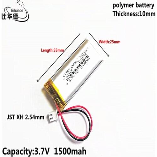 3.7V 1500MAH 102555 JST XH 2.54mm Lithium Polymer LiPo Rechargeable Battery For Mp3 headphone PAD DVD bluetooth camera