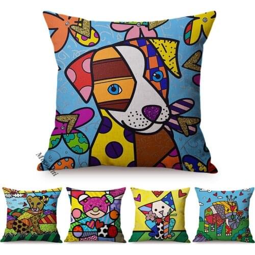 Modern Pop Art Cute Cartoon Animal Style Linen Cushion Cover Dog Elephant Cat Little Bear Home Decorative Sofa Throw Pillow Case