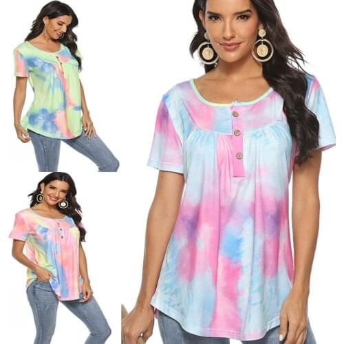 Ladies Fashion Tie Dye T-shirt Summer Petal Short Sleeve V-Neck Top 2021 Button Design Streetwear Plus Size 2XL Tees For Female
