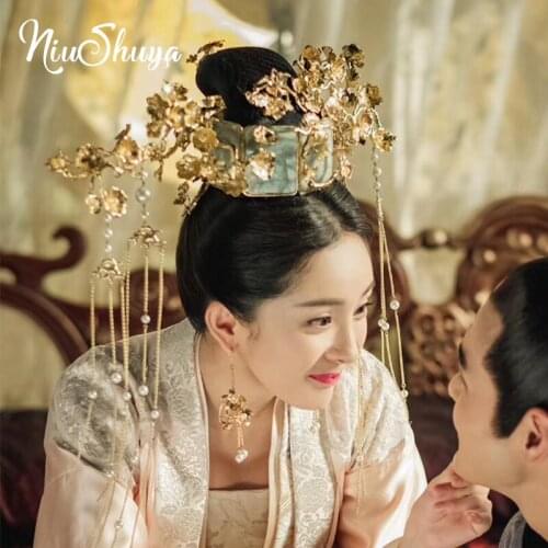 NiuShuya Retro Chinese Hair Styles Jewelery Gold Branch with Blue Bridal Headdress Costume Stage Show Hair Accessories