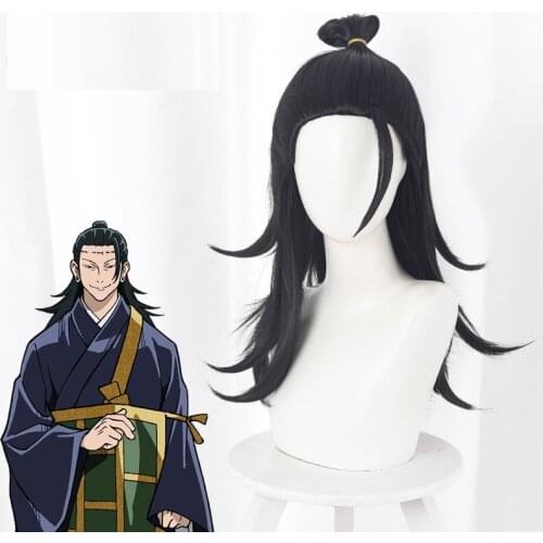 Anime Jujutsu Kaisen Cosplay Wig Getou Suguru Wig + Free Wig Cap Long Black Wigs for Halloween Role Plays