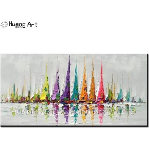 Hand Painted Canvas Wall Art Colorful Sailboat Abstract Oil Painting Modern Decorative Artwork Contemporary Knife Landscape