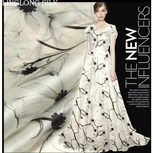 PRINT SILK ORGANZA SATIN FABRIC 14m/m Width 53"-135cm100%Pure Silk Organza Charmeuse Satin Fabric Ink Painting White Fabrics