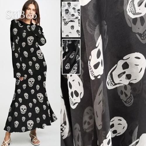 American style black white skull print 100% natural silk chiffon fabric apparel for dress pure silk tissu telas fabrc 6mm SP5364
