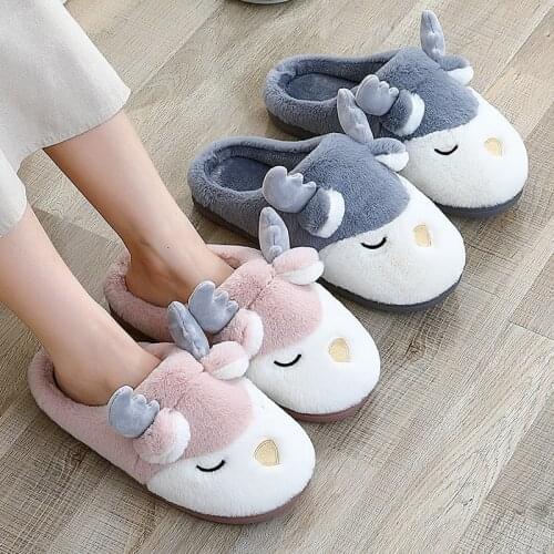 Winter Cartoon Deer Cute Couple Slippers Warm Plush Non-slip Slides Indoor Outdoor Soft Cozy Funny Shoes Women Home Slippers