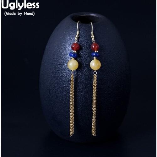 Uglyless 100% Real 925 Sterling Silver Long Chains Tassel Earrings Women Ethnic Beads Dangle Earrings Amber Fine Jewelry Agate