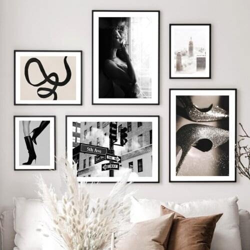 Vintage Wall Art Canvas Painting Building Woman High Heels Line Nordic Posters And Prints Wall Pictures For Living Room Decor