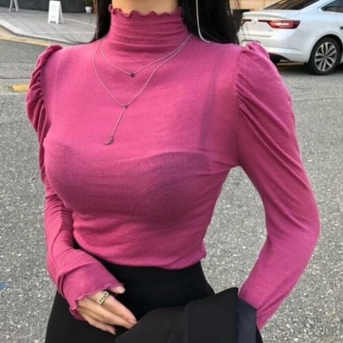 Turtleneck Ruffles Tshirts Women 2020 Spring Long Sleeve Tees Sexy Korean Lady Slim Basic Shirt Female Rosy Thin Tops T-shirt