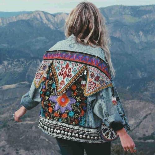 Spring Boho Denim Jacket for Women Floral Appliques Embroidery Vintage Coat Long Sleeve Outerwear Female Jacket Coat Streetwear