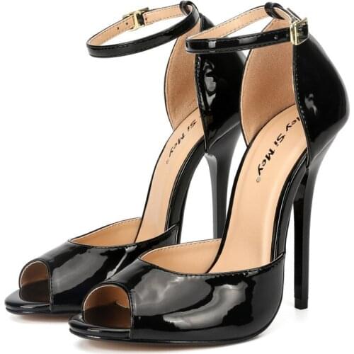 Sandalias Womens Sandals Ladies Pumps Fashion Patent Leather Buckle Strap 13CM Thin High Heels Peep Toe Party shoes for women