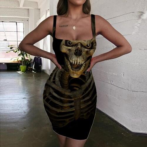 KYKU Skull Dress Women Skeleton Sundress Halloween Halter Sleeveless Hip Hop Ladies Dresses Womens Clothing Plus Size Vintage