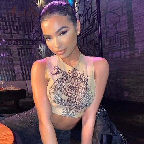 ArtSu Women Round Neck Sleeveless Chinese Style Dragon Print Crop Top Skinny Fashion Tank Tops 2021 Sexy Club Top Streetwear