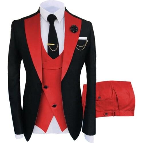 2021 Men Tuxedo Suits For Wedding Groom Blazer Groomsmen Black Red Vest Pants Costume Homme 3 Piece Slim Fit Terno Masculino