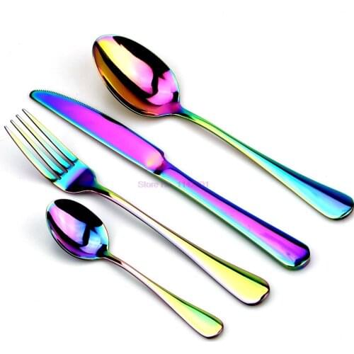 50set 4pcs/set Colorful Rainbow Dinnerware Set Stainless Steel Cutlery Set Black Knife Fork Set Gold Silver Western Food Set