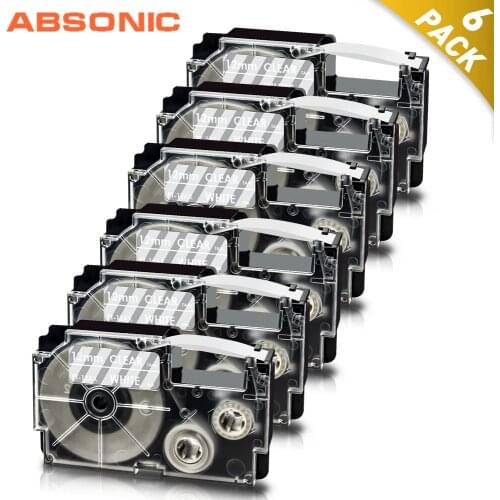 Absonic 6PK 12mm Label Tape for Casio XR-12AX White on Clear XR12AX XR 12AX Printer Ribbon Cartridge for Casio KL-60 Label Maker