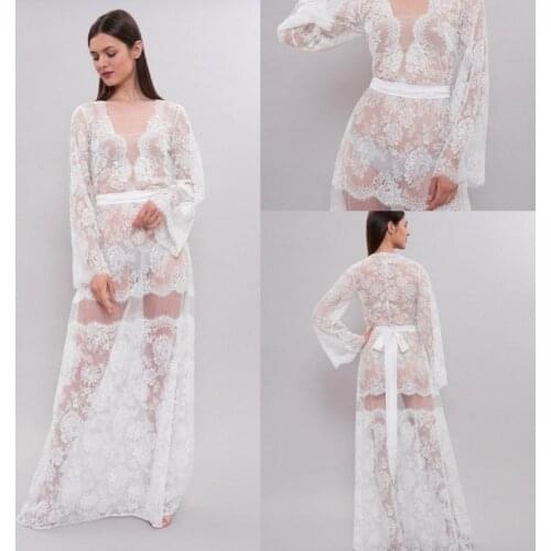 White Lace Bathrobe Women Floor Length Lingerie Nightgown Pajamas Sleepwear Womens Luxury Gowns Housecoat Nightwear