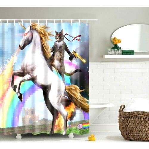 Dafield Cat Shower Curtain Cool Animals Funny Kitten Taking a Gun Riding a Horse Bathroom with 12 Hooks