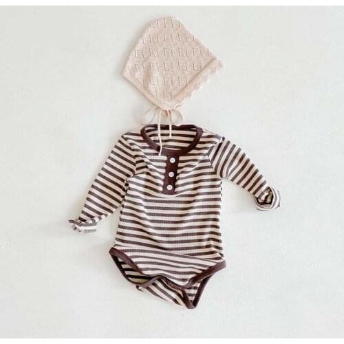 Baby Bodysuit Boys Girls Autumn Babys Striped Knitted Button Bodysuit Babys Long Sleeve Ribbed Jumpsuit