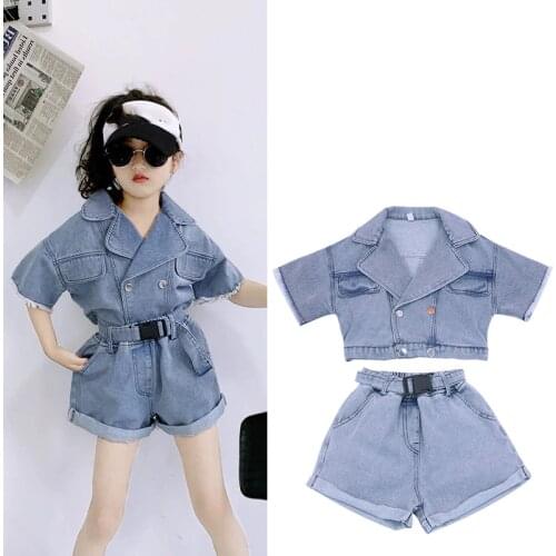 Girls' Summer Denim Suits Short-sleeve Lapel Jacket+shorts 2pcs Childrens Clothes Sets 1-7years Princess Vintage Outerwear
