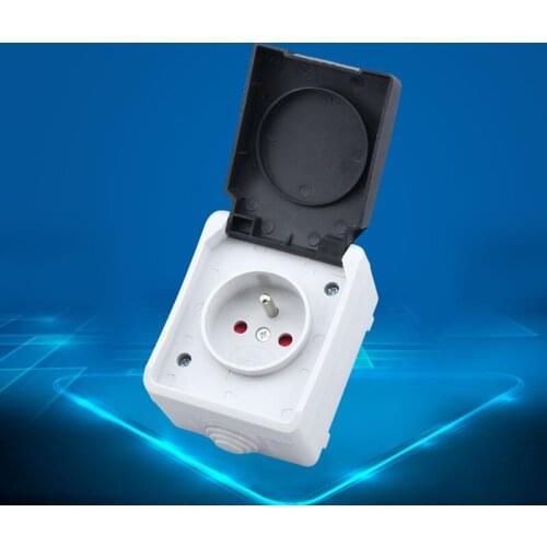 French Type IP44 One Gauge Waterproof AC250V 16A Wall EU Socket Box 80x65x52mm Surface Mounted with Cover Cap