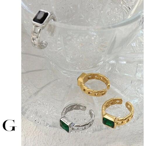 GHIDBK 2021 New Fashion Hollow Green Black Square Cubic Zirconia Open Rings Stainless Steel Dainty Geometric Simple Chic Jewelry