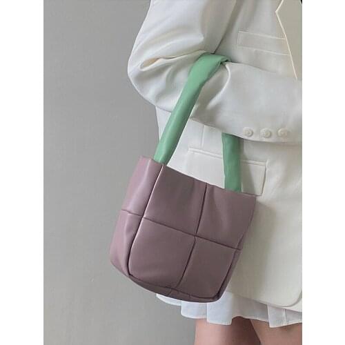 FIRMRANCH INS Hot Niche Design Contrast Color Square Soft Leather Diamond Womens Cotton-Filled Portable Phone Down Tote Bag