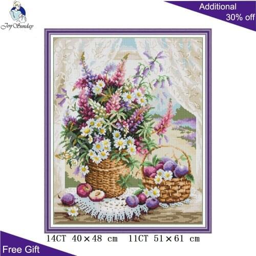 Joy Sunday Windowsill Flower Basket H882 14CT 11CT Counted and Stamped Home Decor Purple Flowers Needlepoint Cross Stitch kits