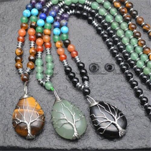 Water Drop Natural Tiger Eye Green Aventurine Black Agate Pendant Life Tree Guard Mineral Jewelry Adjustable Decoration Necklace