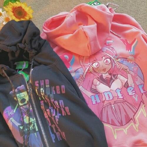 Kawaii streetwear Japane cartoon print hoodie punk E-girl Zip-up jacket autumn casual vintage long-sleeved y2k gothic outerwear