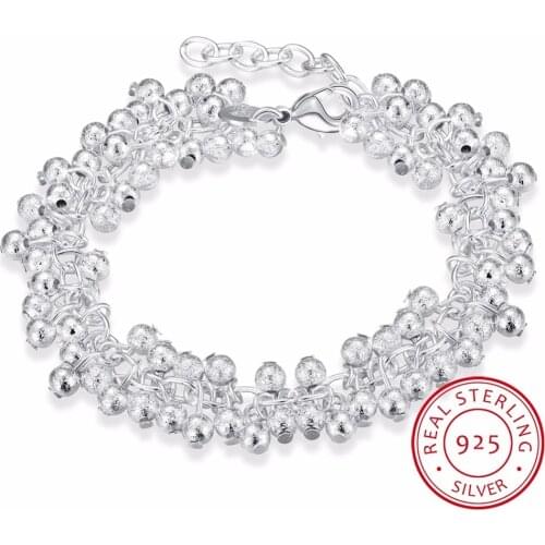 Lekani Womens Fine Jewelry 925 Sterling Silver 19cm Chains Sand Light Beads Grape Charms Bracelet Bangle Pulseiras De Prata