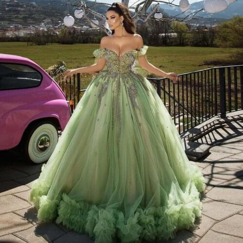 Fashion Sexy Light Green Evening Dress A-Line Floor Length Off-The-Shoulder Tulle Applique Ball Gown Prom Dress Custom Made