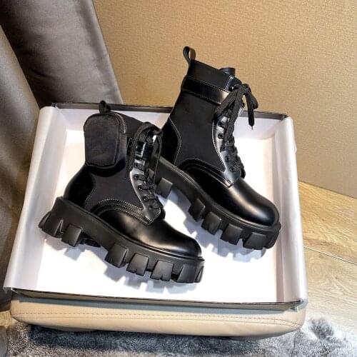 Fashion Women Ankle Boots 2021 Lace Up Leather Boot Anti-slip Wear-resistant with bag platform Women Ankle Boot booties woman