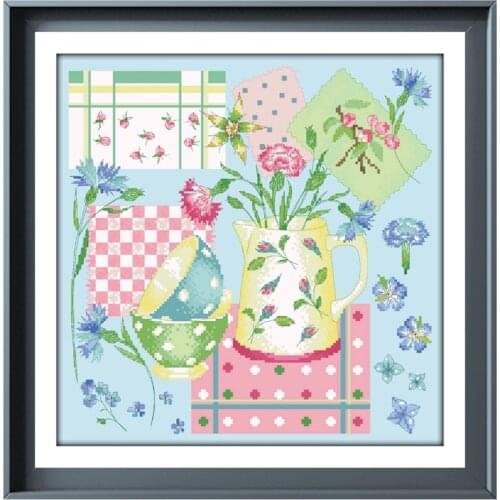 Small kitchen with flowers cross stitch kit pattern design 18ct 14ct 11ct skyblue canvas embroidery DIY needlework