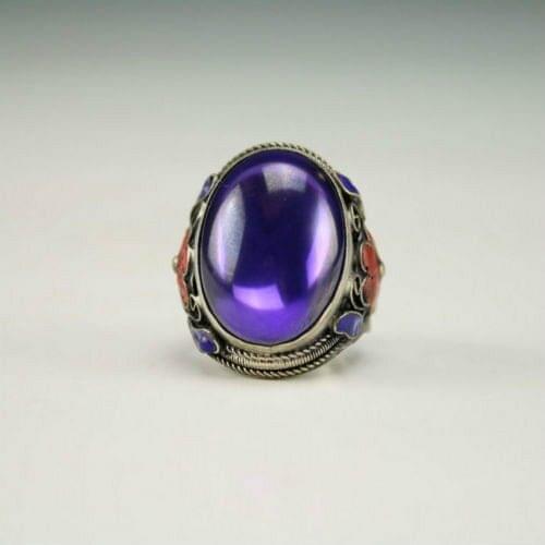 Elaborate Tibetan Vintage Handwork Silver Inlaid with Purple Zircon and Flower Ring