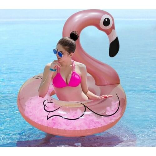 Rose Gold Inflatable Flamingo Swimming Ring with Feathers Women Swim Circle Tube Beach Summer Water Party Inflatable Pool Toys