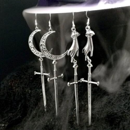 Silver Color Hand Moon Sword Earrings Crescent Mystic Jewelry Weird Goth Fashion Witch Women Gift 2020 New Novelty Beautiful