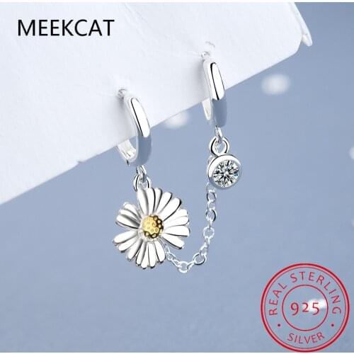 MEEKCAT 925 Sterling Silver Double Ear Hole Hoop Earring Zircon Daisy Flower Tassel Chain Earrings For Women