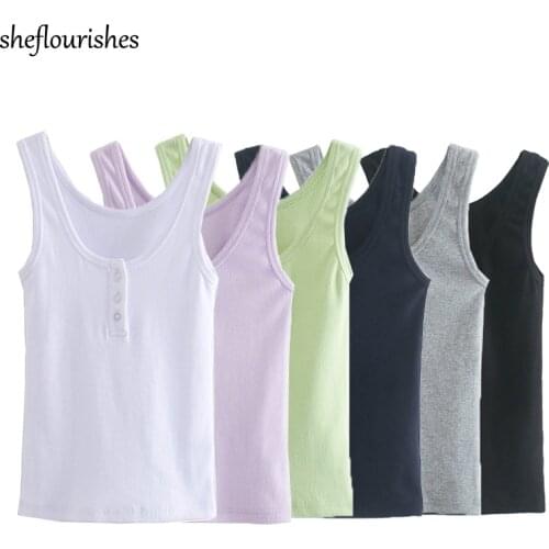 Vintage tank top women korean cropped tops summer U neck top fahsion slim crop top shirt casual button knitted vest white 2021