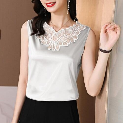 2021 Summer Womens Tank Tops Female Satin Top Embroidery Flower V-neck Camis Solid Color Sleeveless Vest Loose 4XL