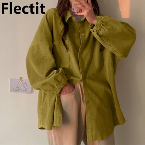Flectit Oversized Jacket Women Shacket Roomy Long Sleeve Snap Button Lapel Collar Patch Pocket Corduroy Overshirt For Ladies