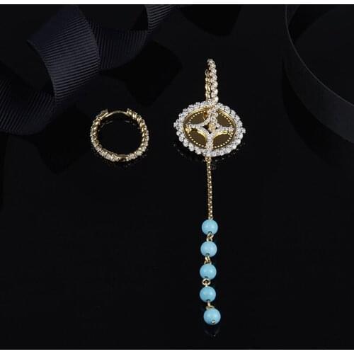 SLJELY Real 925 Sterling Silver Yellow Gold Color Asymmetric SOLSEIL Earrings with Turquesa Zirconia Stones Women Fine Jewelry