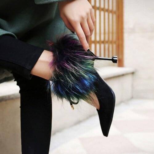 Womens Pointed Toe Real Mink Fur Colorful Suede Leather Stilettos High Heel Lace Up Pumps Party Shoes Sexy NEW 2Colors G2