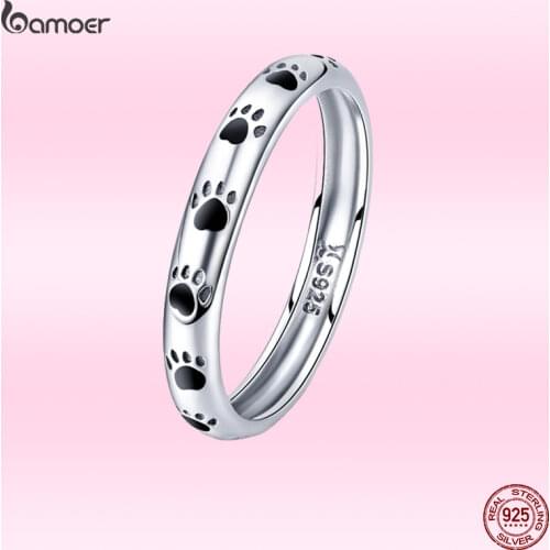 Bamoer 925 Sterling Silver Creative Dog Footprints Rings for Women Fashion Simple Valentine Day Confession Jewelry Gift SCR445