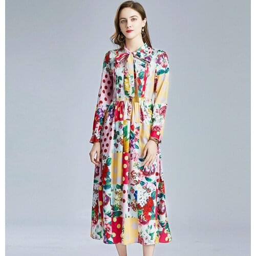 2021 Summer Fashion Lace Stitching Bow Tie Elegant Dress Designer Vintage Maxi Dress Women Long Sleeve Sashes Flower Print Dress